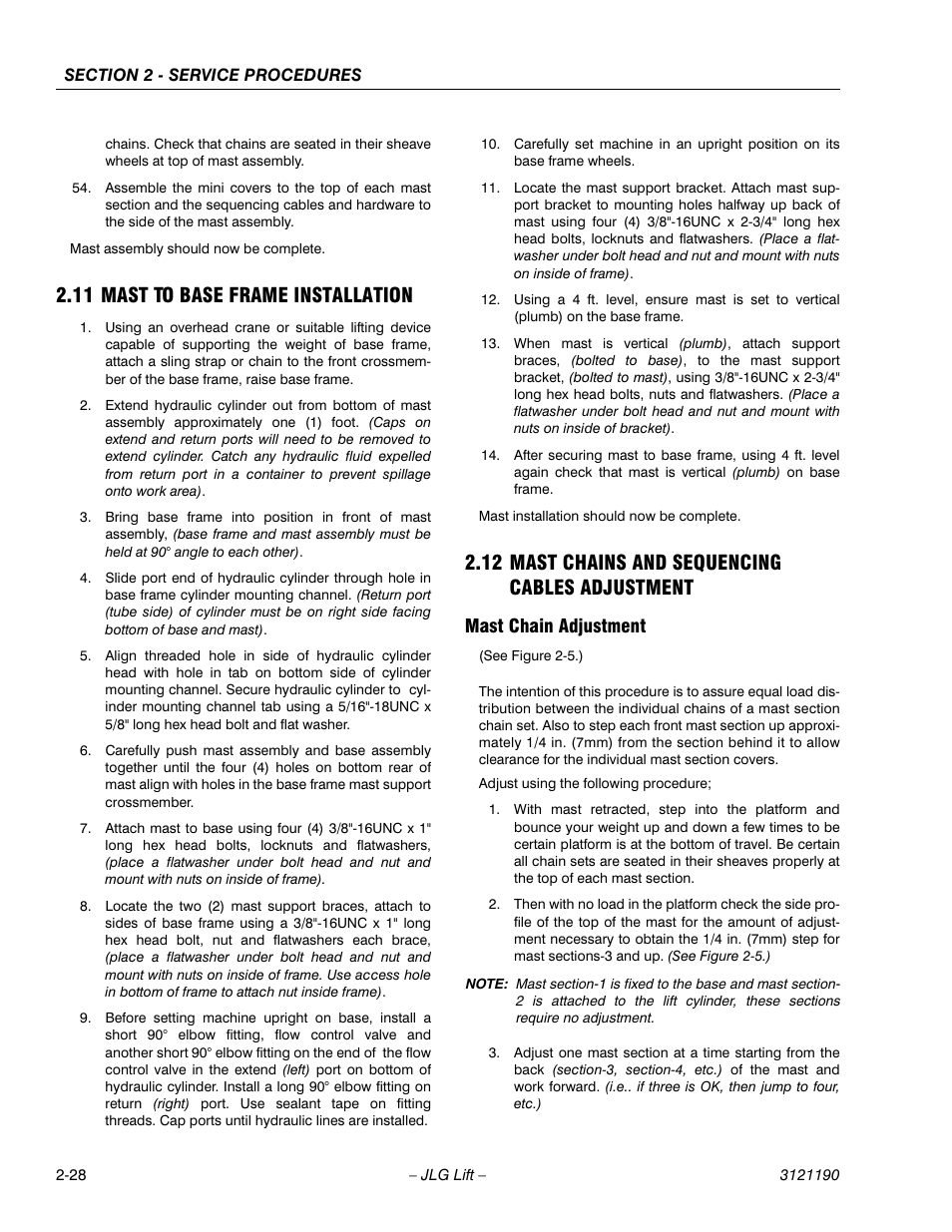 11 mast to base frame installation, 12 mast chains and sequencing cables adjustment, Mast chain adjustment | 11 mast to base frame installation -28, Mast chain adjustment -28 | JLG 19AMI Service Manual User Manual | Page 42 / 60