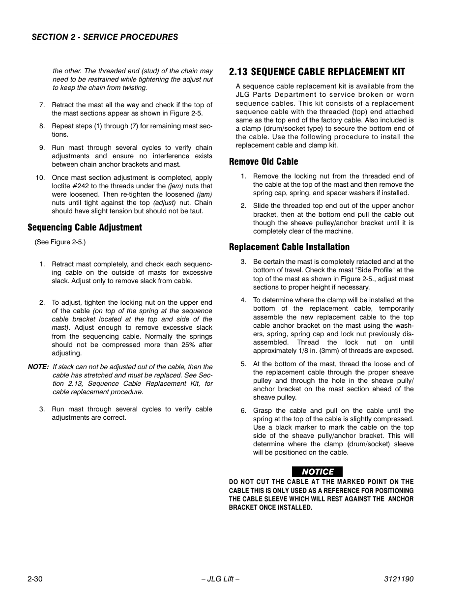 Sequencing cable adjustment, 13 sequence cable replacement kit, Remove old cable | Replacement cable installation, Sequencing cable adjustment -30, 13 sequence cable replacement kit -30 | JLG 19AMI Service Manual User Manual | Page 44 / 60