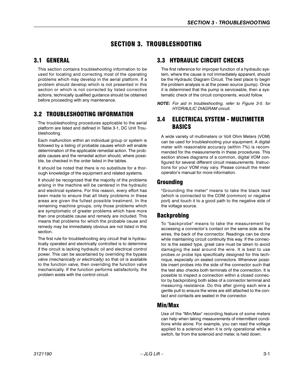 Section 3. troubleshooting, 1 general, 2 troubleshooting information | 3 hydraulic circuit checks, 4 electrical system - multimeter basics, Grounding, Backprobing, Min/max, Section 3 - troubleshooting, General -1 | JLG 19AMI Service Manual User Manual | Page 47 / 60