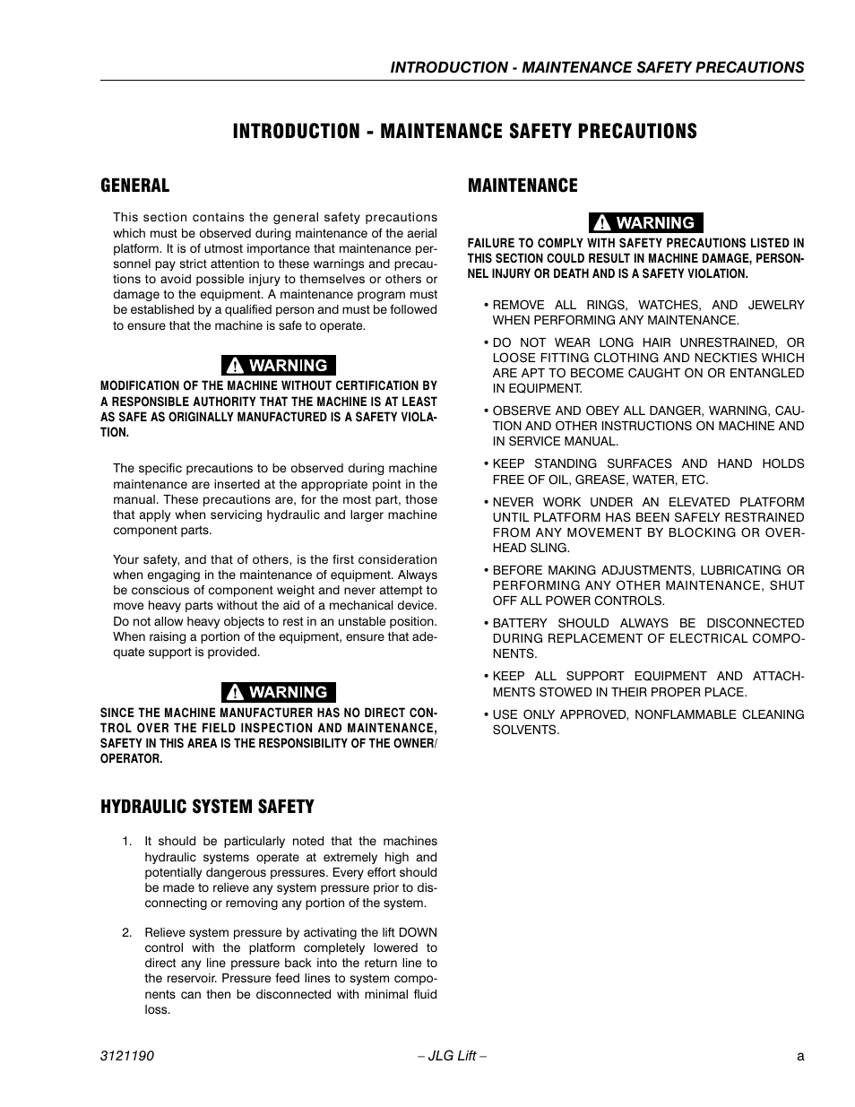 Introduction - maintenance safety precautions, General, Hydraulic system safety | Maintenance | JLG 19AMI Service Manual User Manual | Page 5 / 60