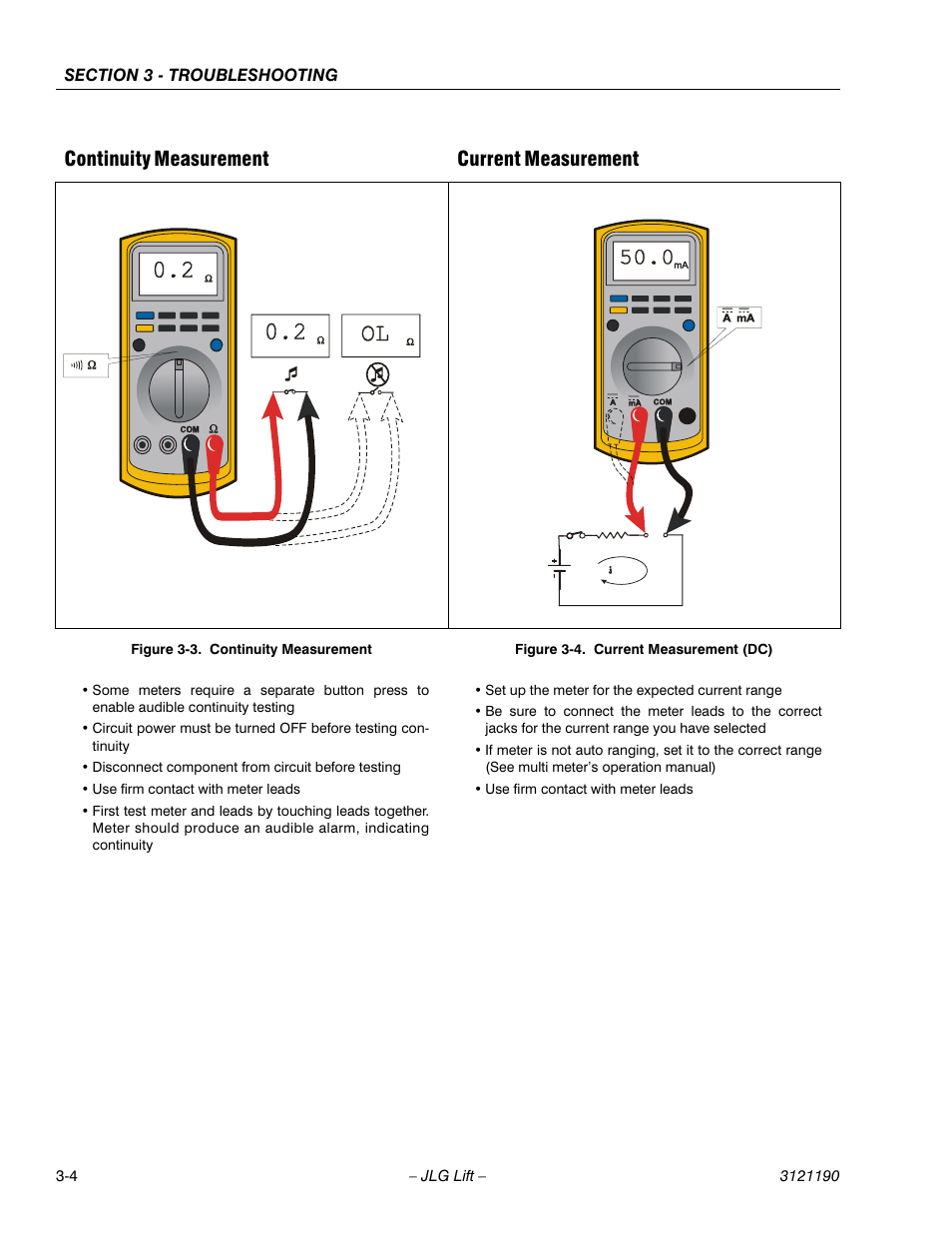 Continuity measurement -4, Current measurement (dc) -4, Continuity measurement current measurement | JLG 19AMI Service Manual User Manual | Page 50 / 60