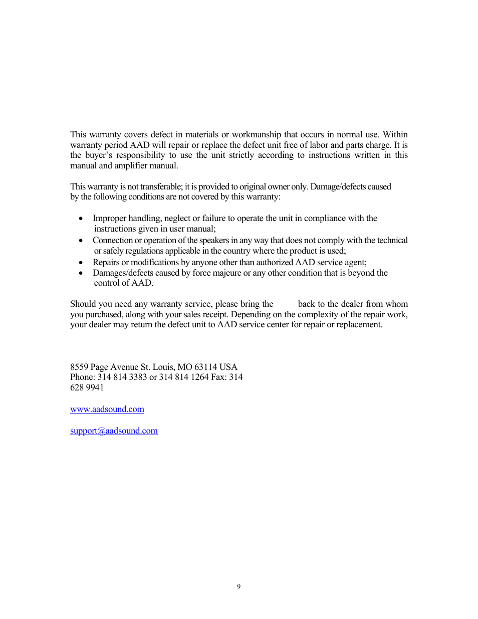 Service/warranty information | American Acoustic Development THE CUB User Manual | Page 10 / 10