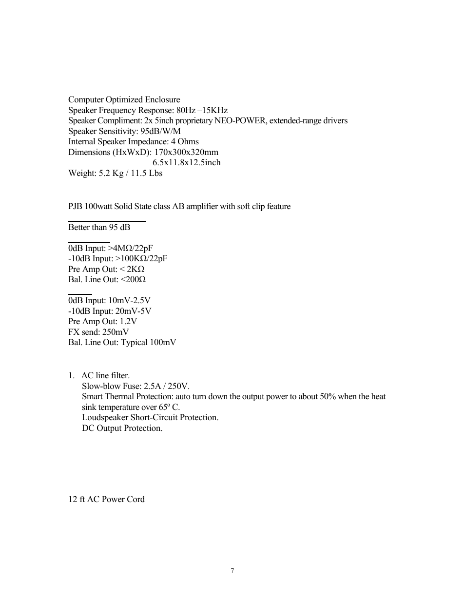 Specifications | American Acoustic Development THE CUB User Manual | Page 8 / 10