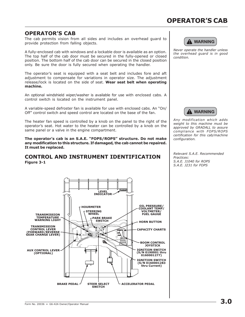 Operators cab, Operator’s cab 3.0, Operator’s cab | Control and instrument identification | JLG G6-42A Operator Manual User Manual | Page 19 / 58