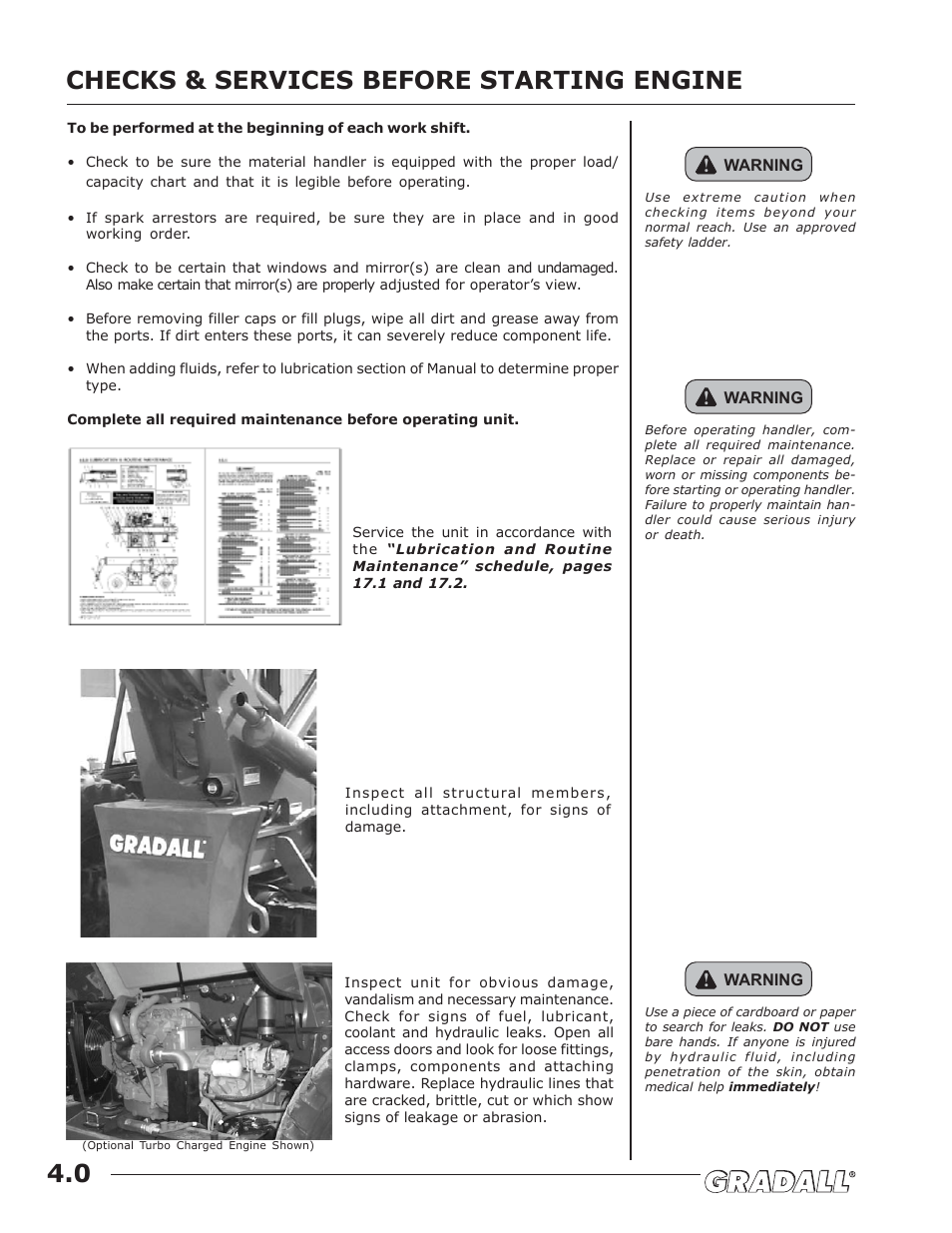 Checks & services before starting engine, Checks & services before starting engine 4.0 | JLG G6-42A Operator Manual User Manual | Page 22 / 58