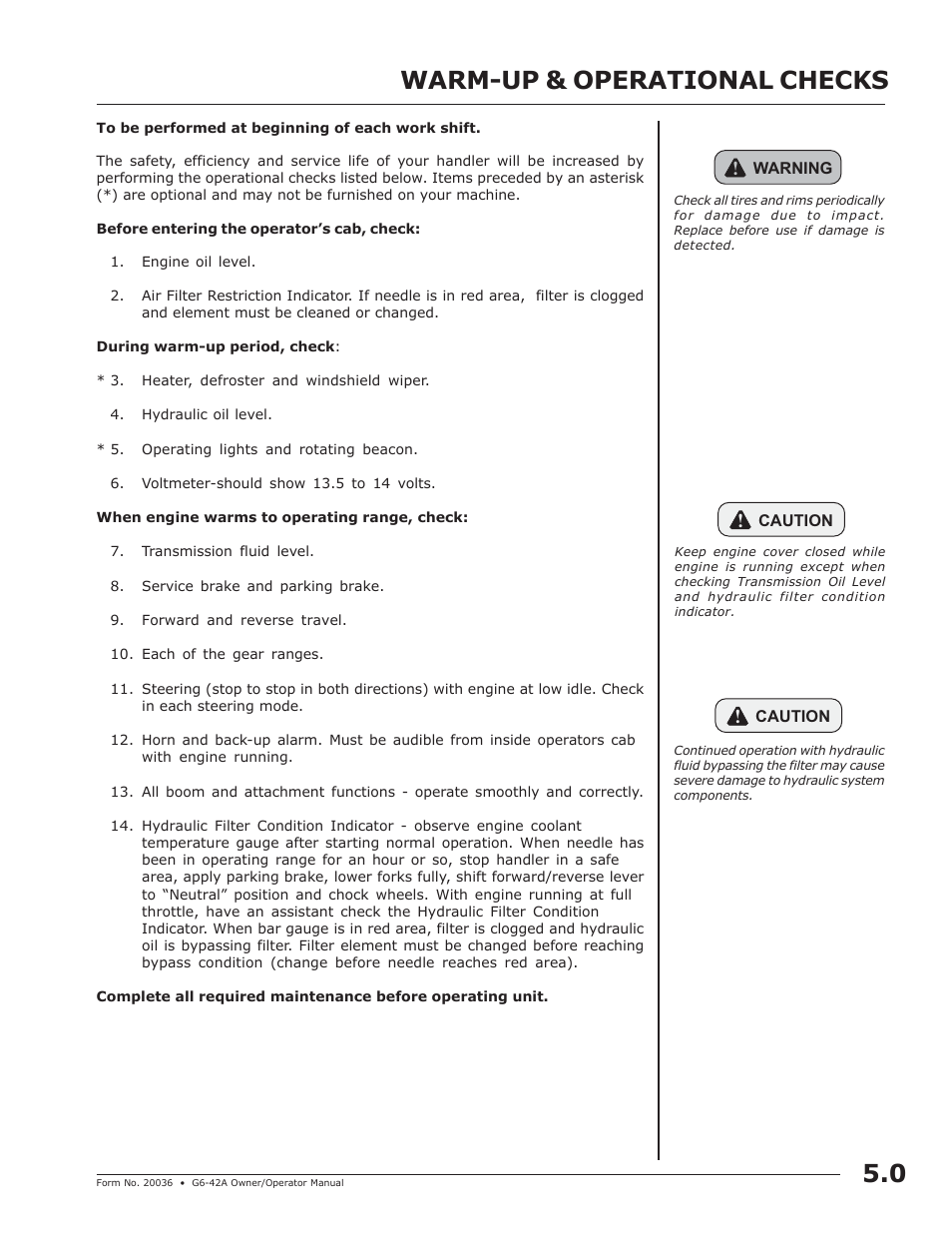 Warm-up & operational checks, Warm-up & operational checks 5.0 | JLG G6-42A Operator Manual User Manual | Page 23 / 58