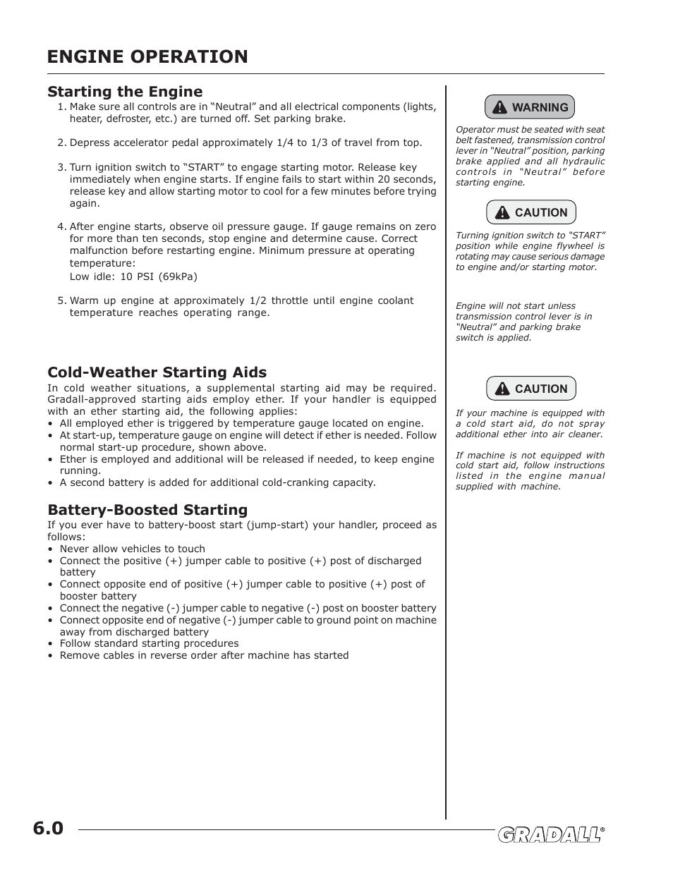 Engine operation, Engine operation 6.0, Starting the engine | Cold-weather starting aids, Battery-boosted starting | JLG G6-42A Operator Manual User Manual | Page 24 / 58