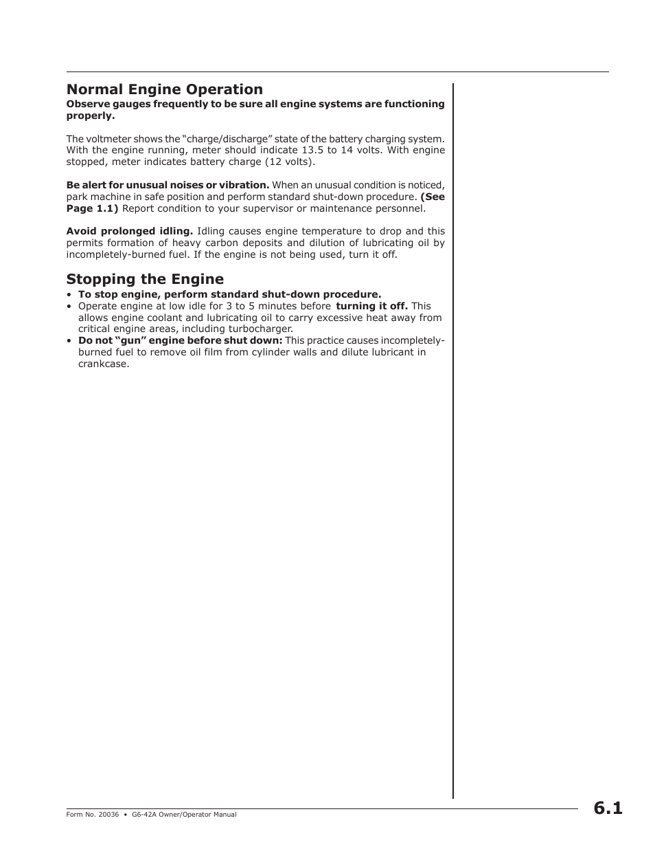 Normal engine operation, Stopping the engine | JLG G6-42A Operator Manual User Manual | Page 25 / 58