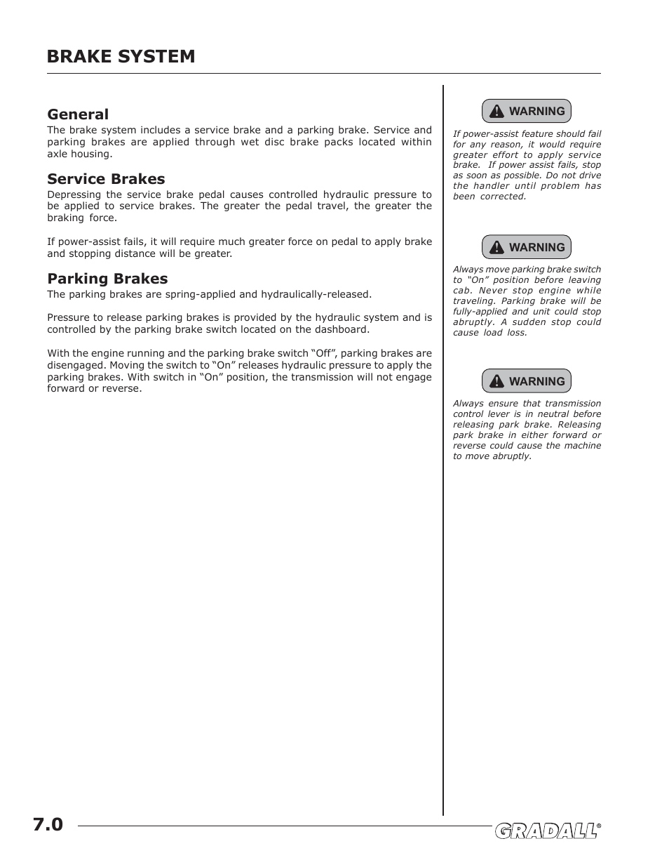 Brake system, Brake system 7.0, General | Service brakes, Parking brakes | JLG G6-42A Operator Manual User Manual | Page 26 / 58