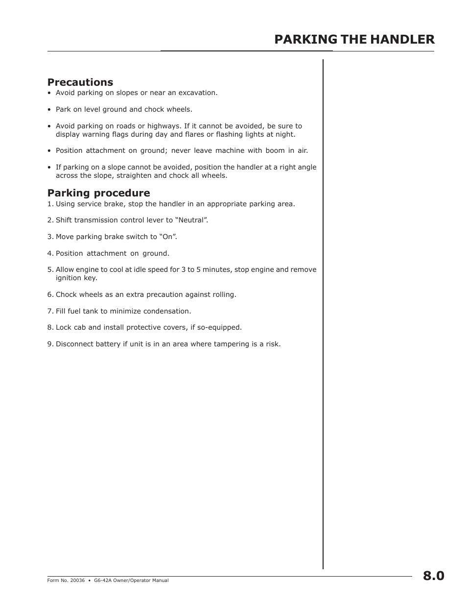 Parking the handler, Parking the handler 8.0, Precautions | Parking procedure | JLG G6-42A Operator Manual User Manual | Page 27 / 58