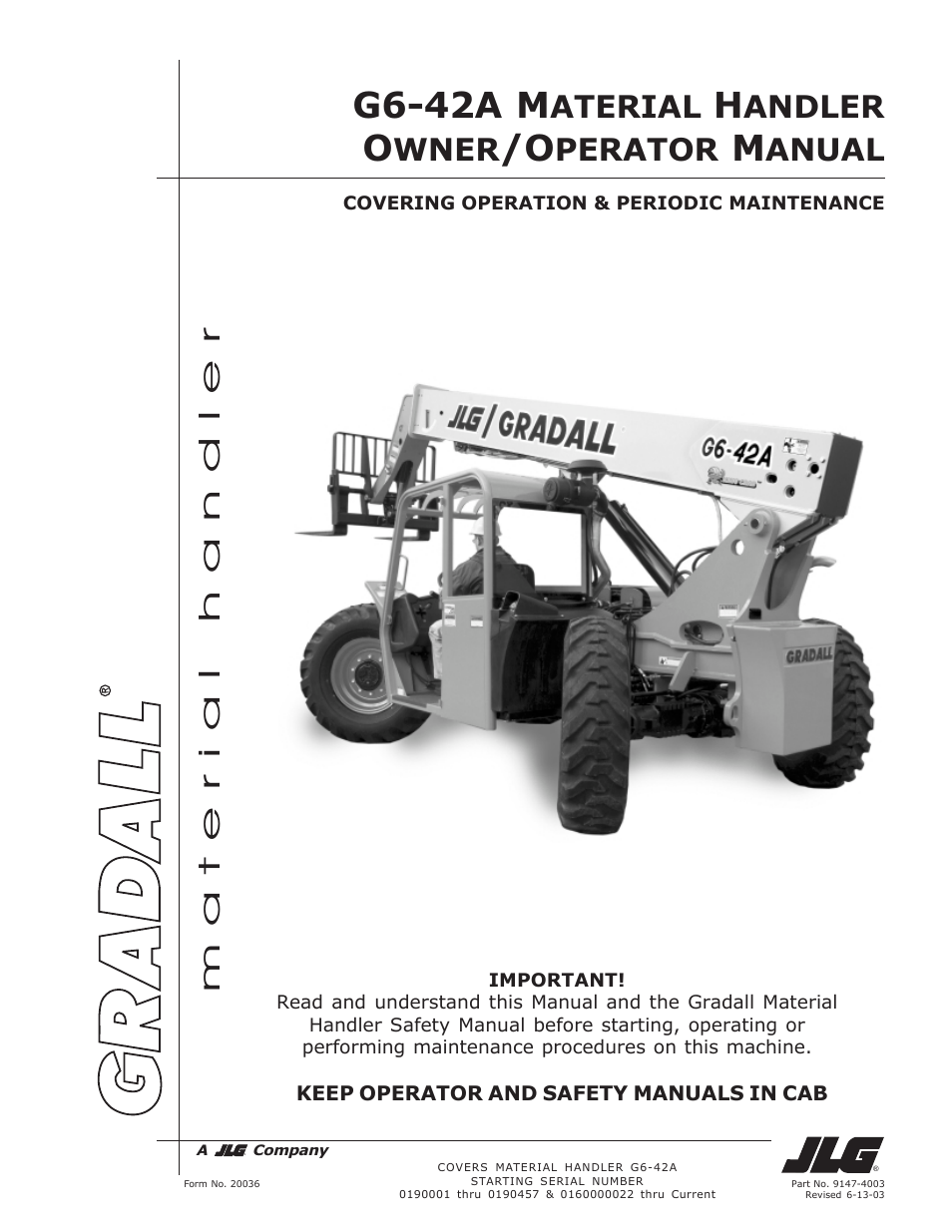 G6-42a m, Aterial, Andler | Wner, Perator, Anual, Material handler | JLG G6-42A Operator Manual User Manual | Page 3 / 58