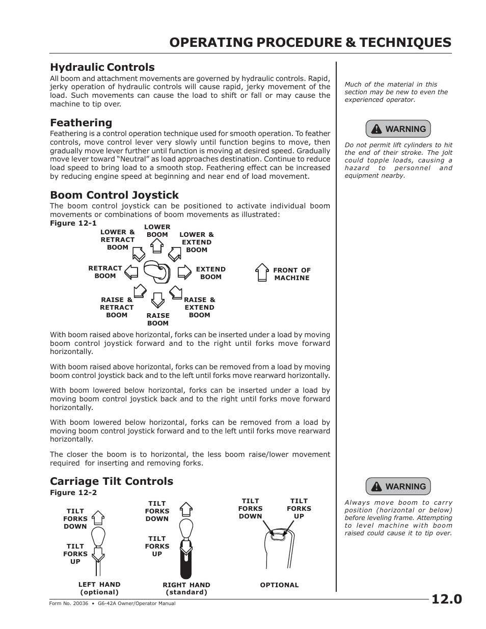 Operating procedure & techniques, Hydraulic controls, Feathering | Boom control joystick, Carriage tilt controls | JLG G6-42A Operator Manual User Manual | Page 31 / 58