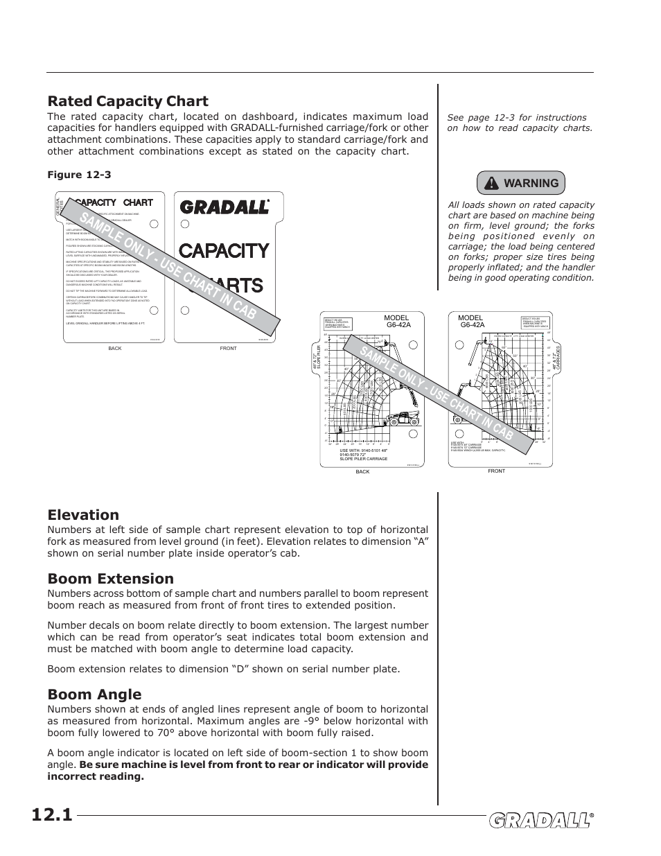 Rated capacity chart, Elevation, Boom extension | Boom angle, Sample only - use chart in cab, Warning, Model g6-42a | JLG G6-42A Operator Manual User Manual | Page 32 / 58