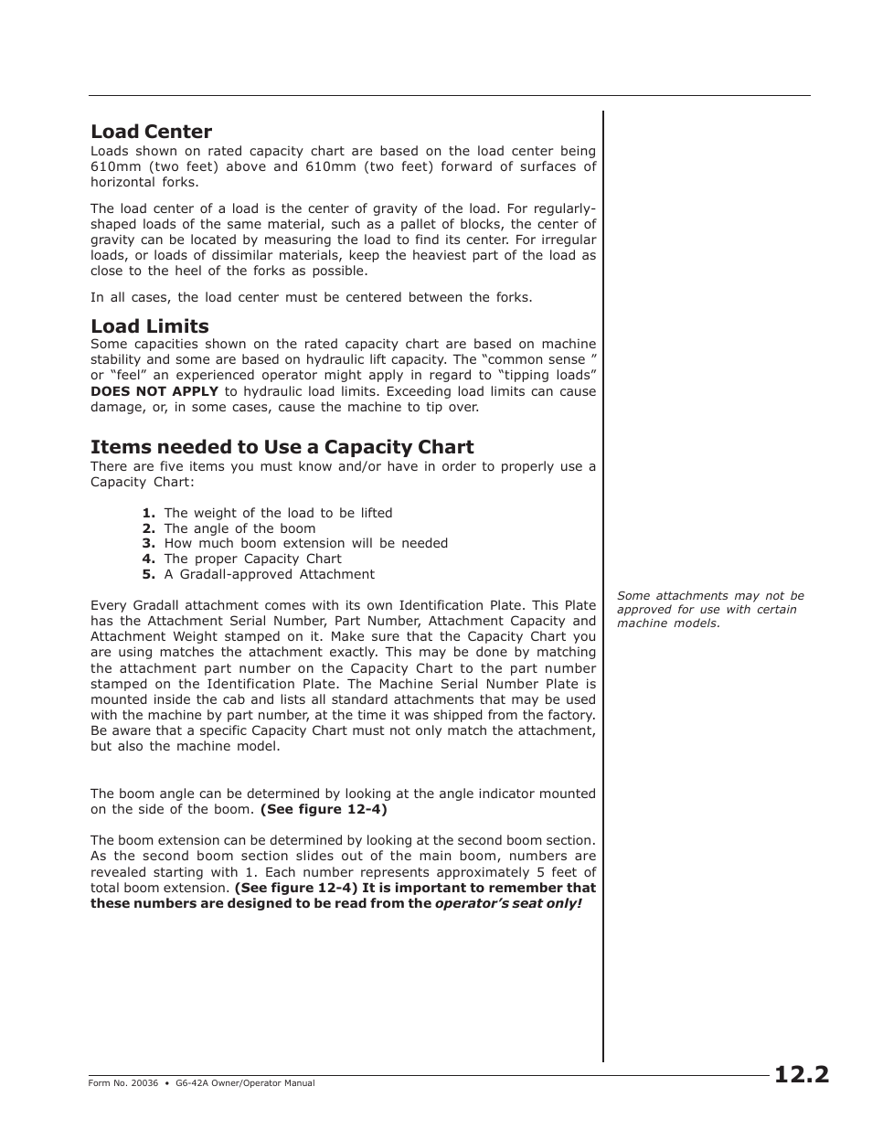 Load center, Load limits, Items needed to use a capacity chart | JLG G6-42A Operator Manual User Manual | Page 33 / 58