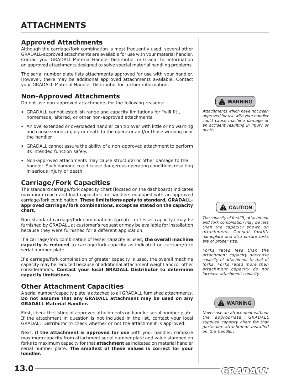 Attachments, Attachments 13.0, Approved attachments | Non-approved attachments, Carriage/fork capacities, Other attachment capacities | JLG G6-42A Operator Manual User Manual | Page 36 / 58