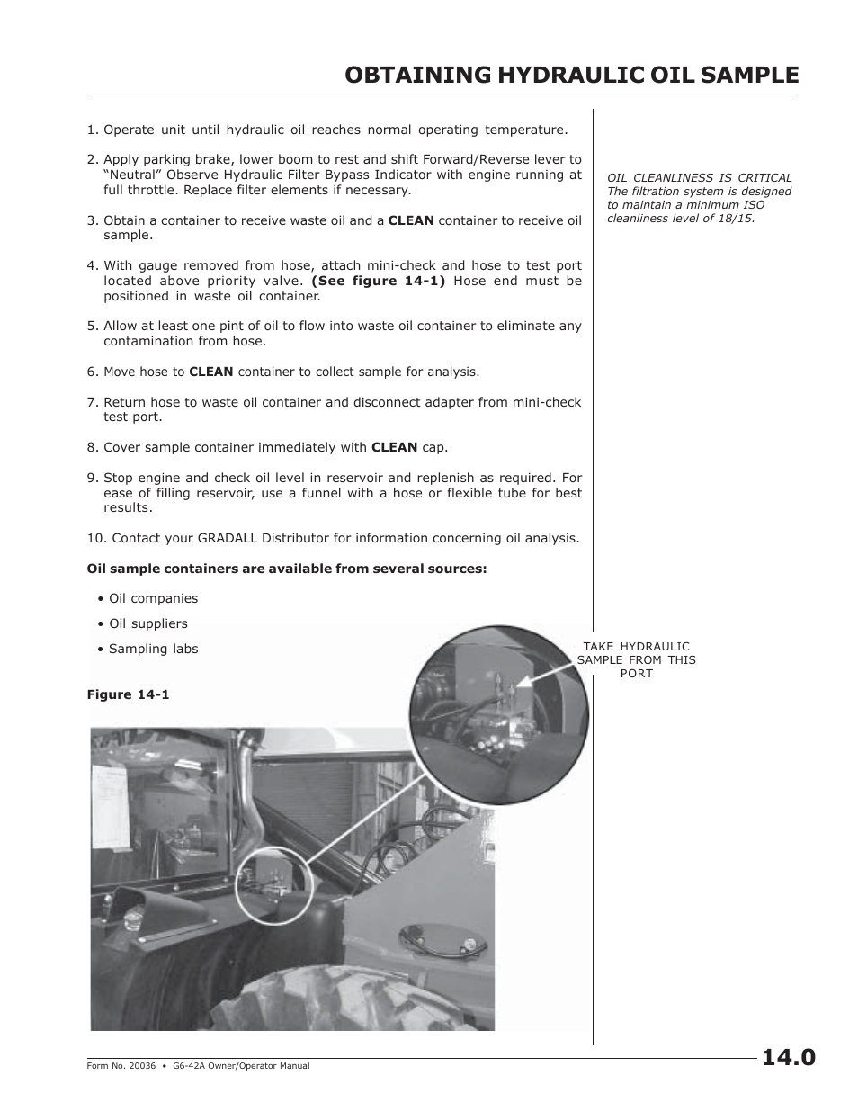 Obtaining hydraulic oil sample for analysis, Obtaining hydraulic oil sample 14.0 | JLG G6-42A Operator Manual User Manual | Page 45 / 58