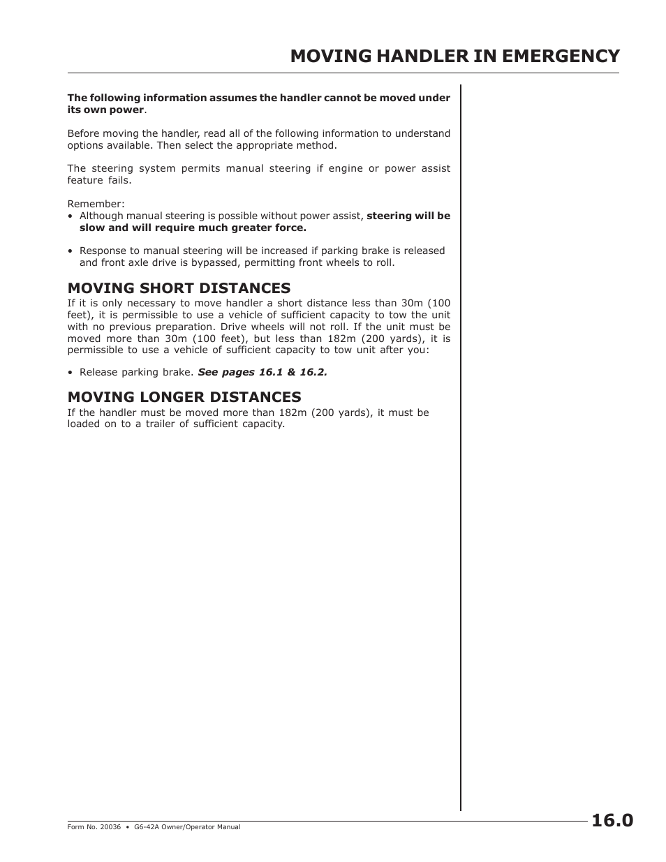 Moving handler in emergency, Moving handler in emergency 16.0, Moving short distances | Moving longer distances | JLG G6-42A Operator Manual User Manual | Page 47 / 58