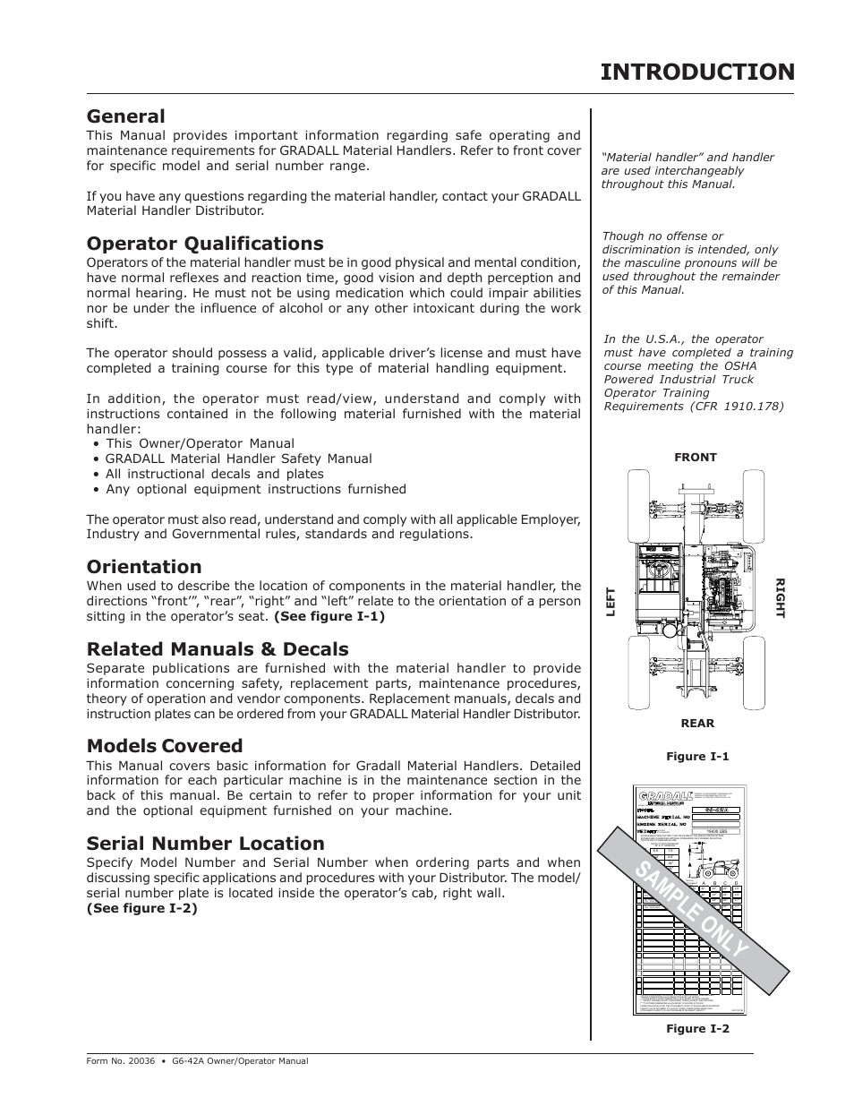 Introduction, Sample only, General | Operator qualifications, Orientation, Related manuals & decals, Models covered, Serial number location, Without attachments) | JLG G6-42A Operator Manual User Manual | Page 7 / 58