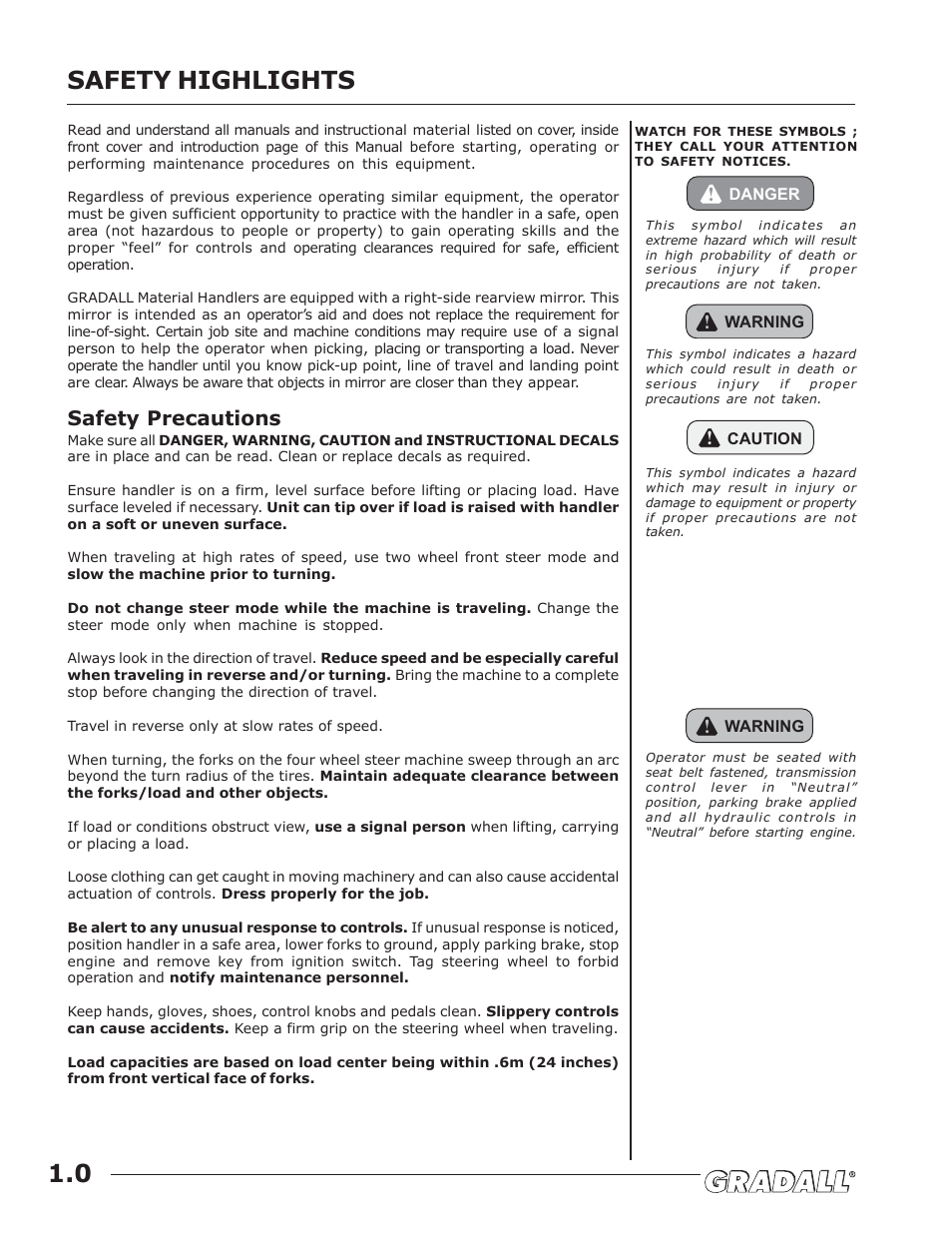 Safety highlights, Safety highlights 1.0, Safety precautions | JLG G6-42A Operator Manual User Manual | Page 8 / 58