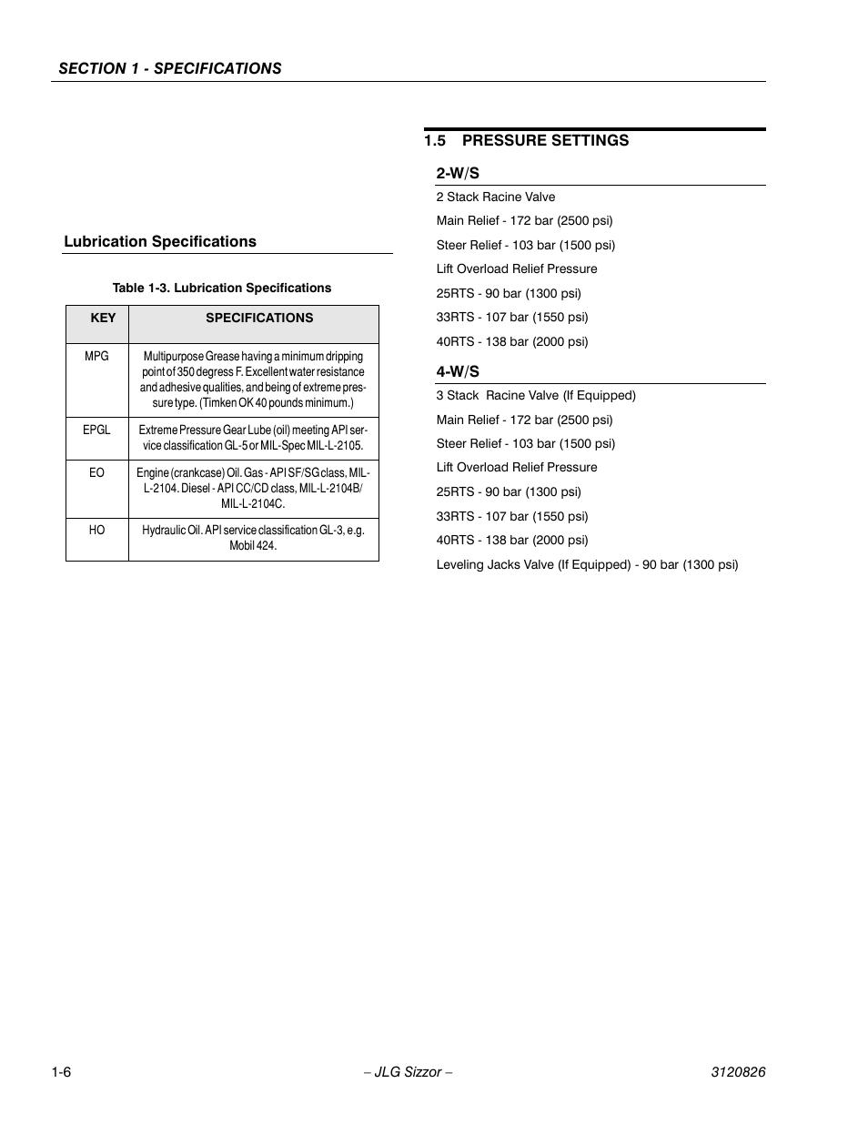 Lubrication specifications, 5 pressure settings, Pressure settings -6 | JLG 40RTS Service Manual User Manual | Page 14 / 84