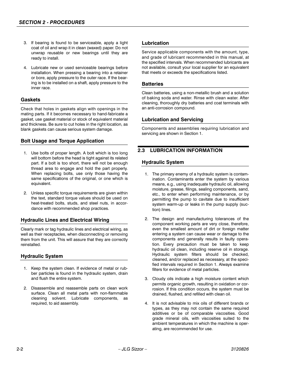 Gaskets, Bolt usage and torque application, Hydraulic lines and electrical wiring | Hydraulic system, Lubrication, Batteries, Lubrication and servicing, 3 lubrication information, Lubrication information -2 | JLG 40RTS Service Manual User Manual | Page 18 / 84