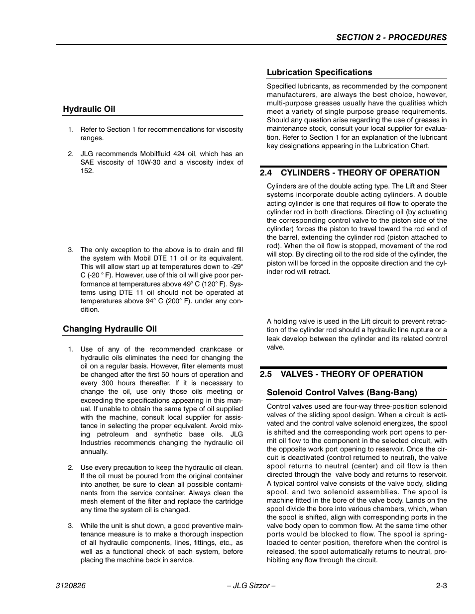 Hydraulic oil, Changing hydraulic oil, Lubrication specifications | 4 cylinders - theory of operation, 5 valves - theory of operation, Solenoid control valves (bang-bang), Cylinders - theory of operation -3, Valves - theory of operation -3 | JLG 40RTS Service Manual User Manual | Page 19 / 84