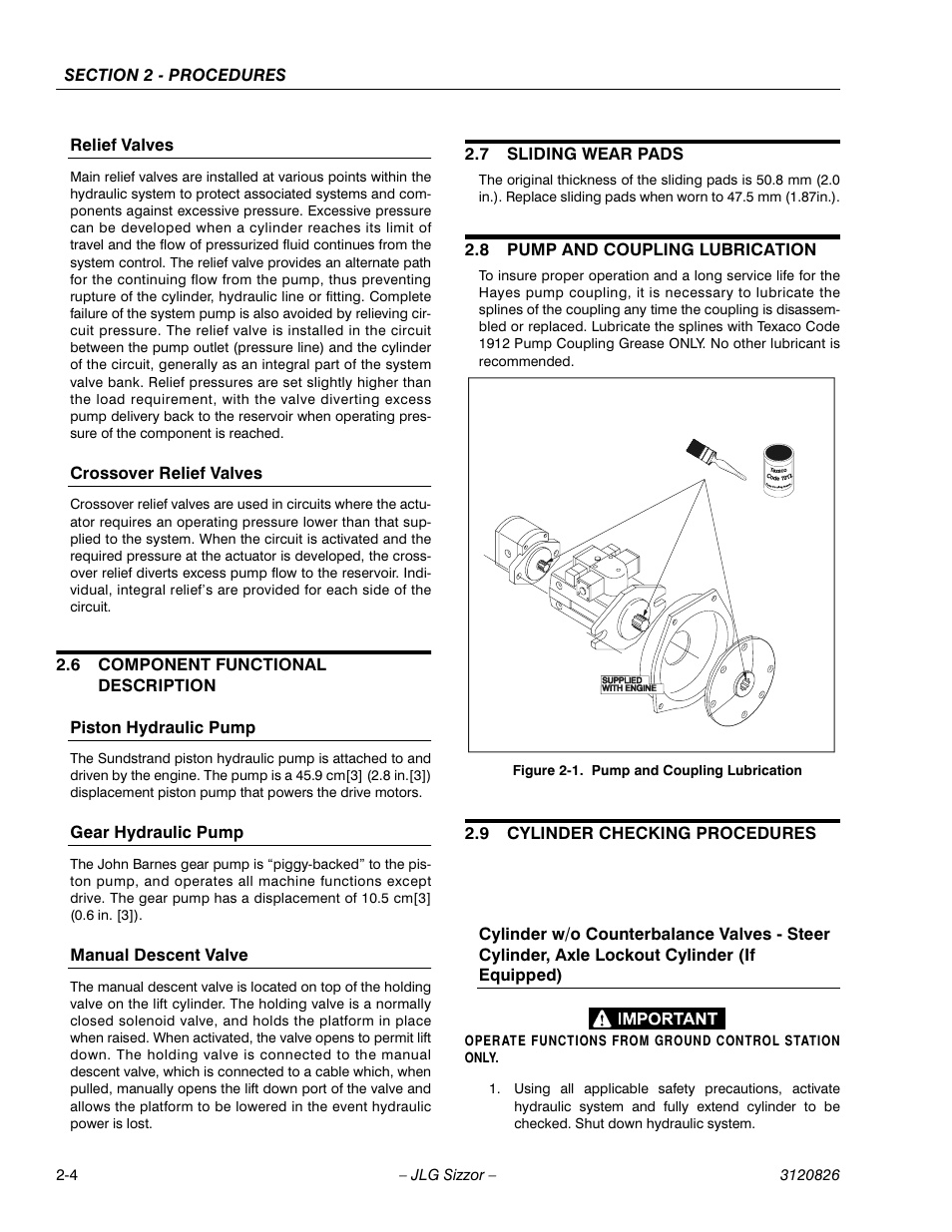 Relief valves, Crossover relief valves, 6 component functional description | Piston hydraulic pump, Gear hydraulic pump, Manual descent valve, 7 sliding wear pads, 8 pump and coupling lubrication, 9 cylinder checking procedures, Component functional description -4 | JLG 40RTS Service Manual User Manual | Page 20 / 84