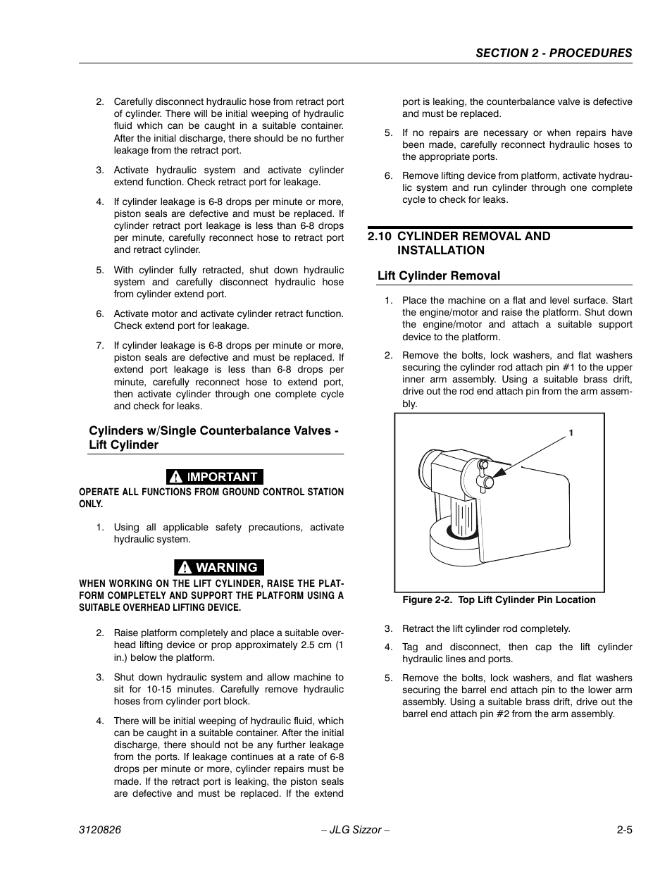 10 cylinder removal and installation, Lift cylinder removal, Cylinder removal and installation -5 | JLG 40RTS Service Manual User Manual | Page 21 / 84