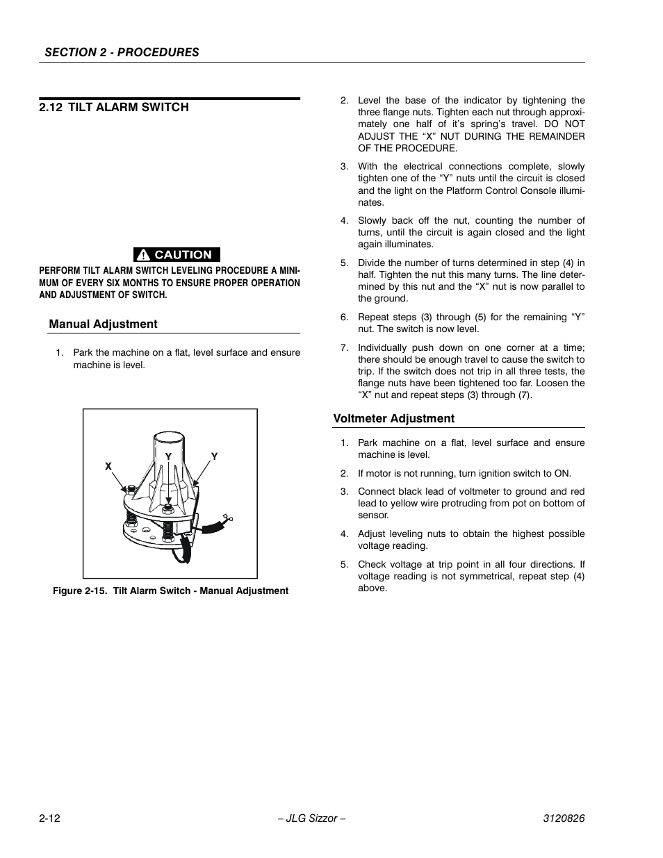 12 tilt alarm switch, Manual adjustment, Voltmeter adjustment | Tilt alarm switch -12 | JLG 40RTS Service Manual User Manual | Page 28 / 84