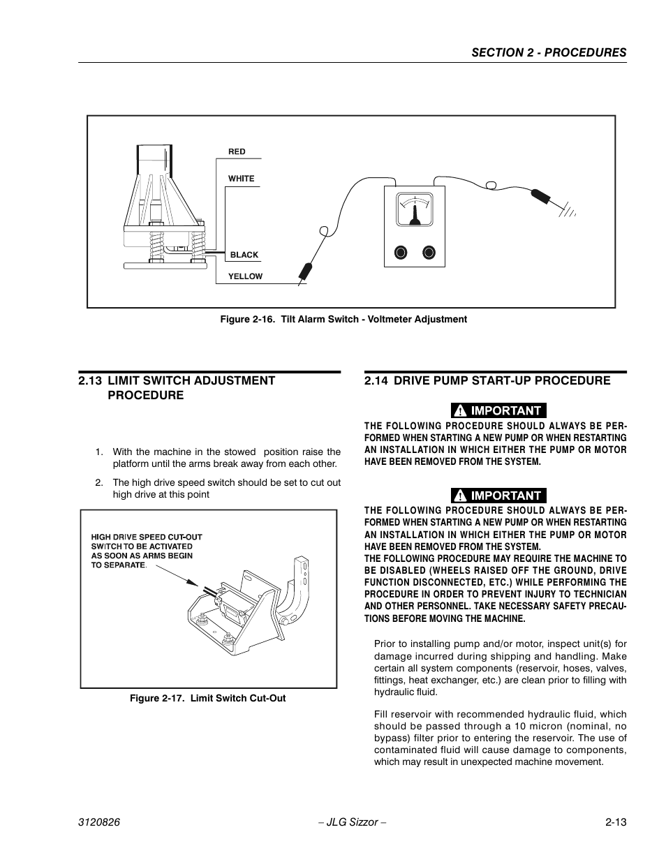13 limit switch adjustment procedure, 14 drive pump start-up procedure, Limit switch adjustment procedure -13 | Drive pump start-up procedure -13 | JLG 40RTS Service Manual User Manual | Page 29 / 84