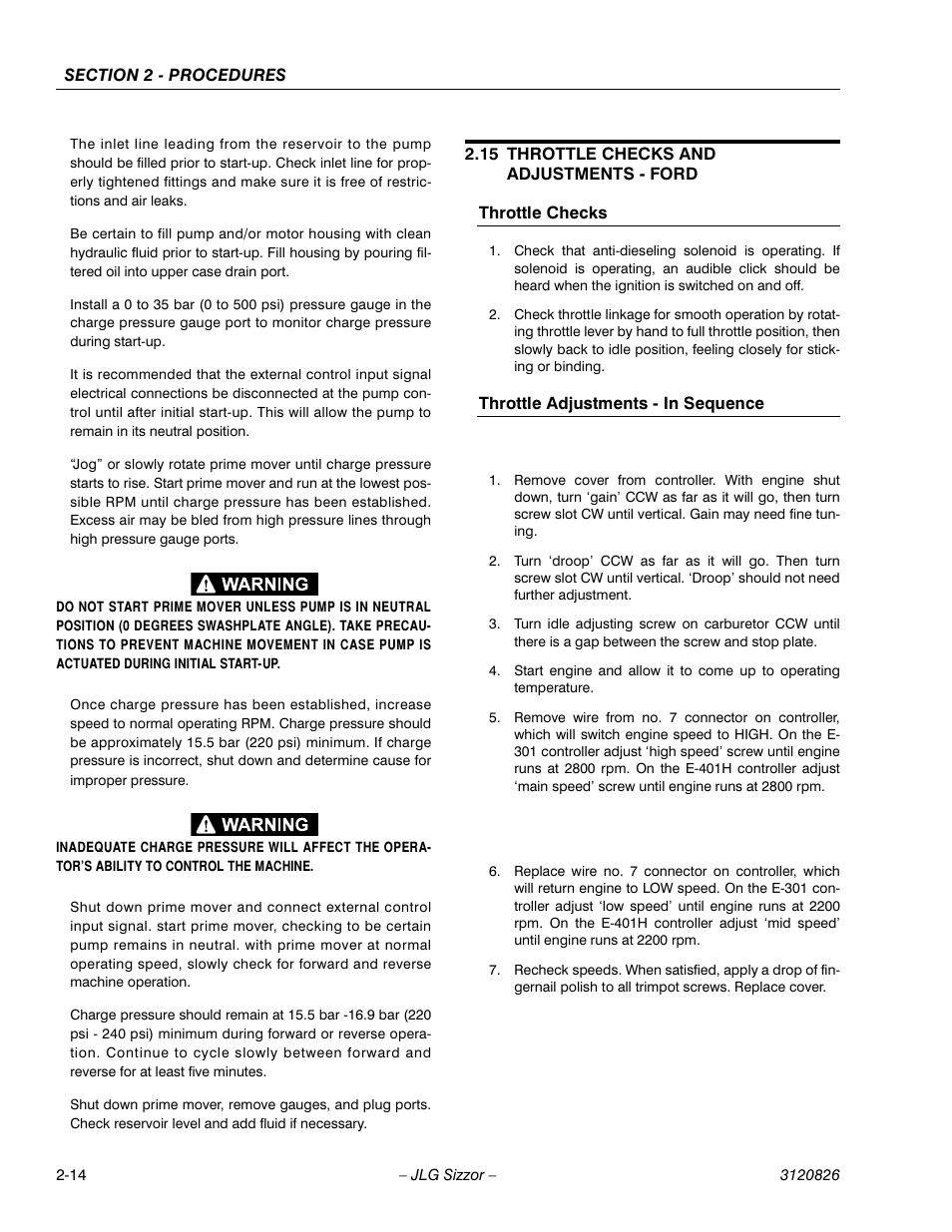 15 throttle checks and adjustments - ford, Throttle checks, Throttle adjustments - in sequence | Throttle checks and adjustments - ford -14 | JLG 40RTS Service Manual User Manual | Page 30 / 84