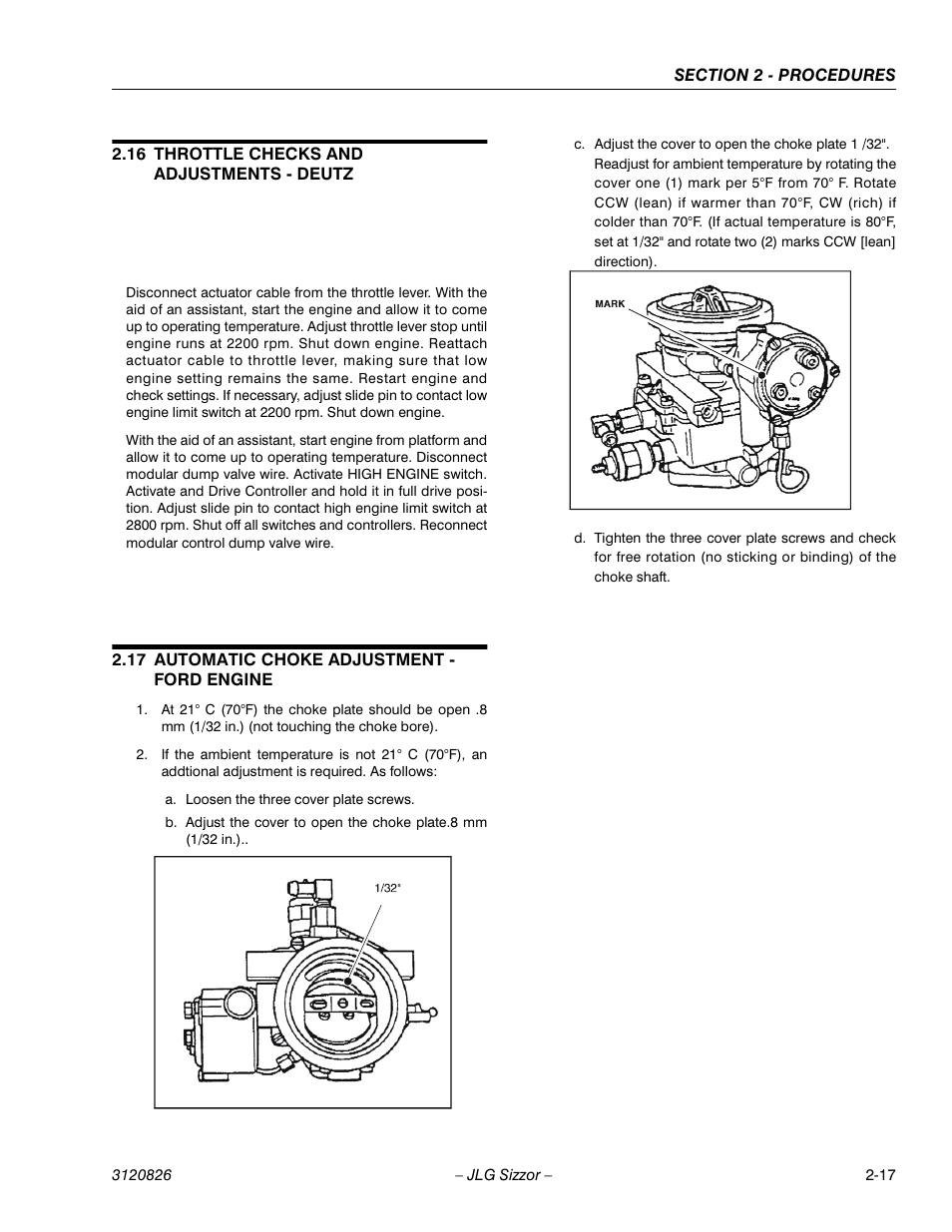 16 throttle checks and adjustments - deutz, 17 automatic choke adjustment - ford engine, Throttle checks and adjustments - deutz -17 | Automatic choke adjustment - ford engine -17 | JLG 40RTS Service Manual User Manual | Page 33 / 84