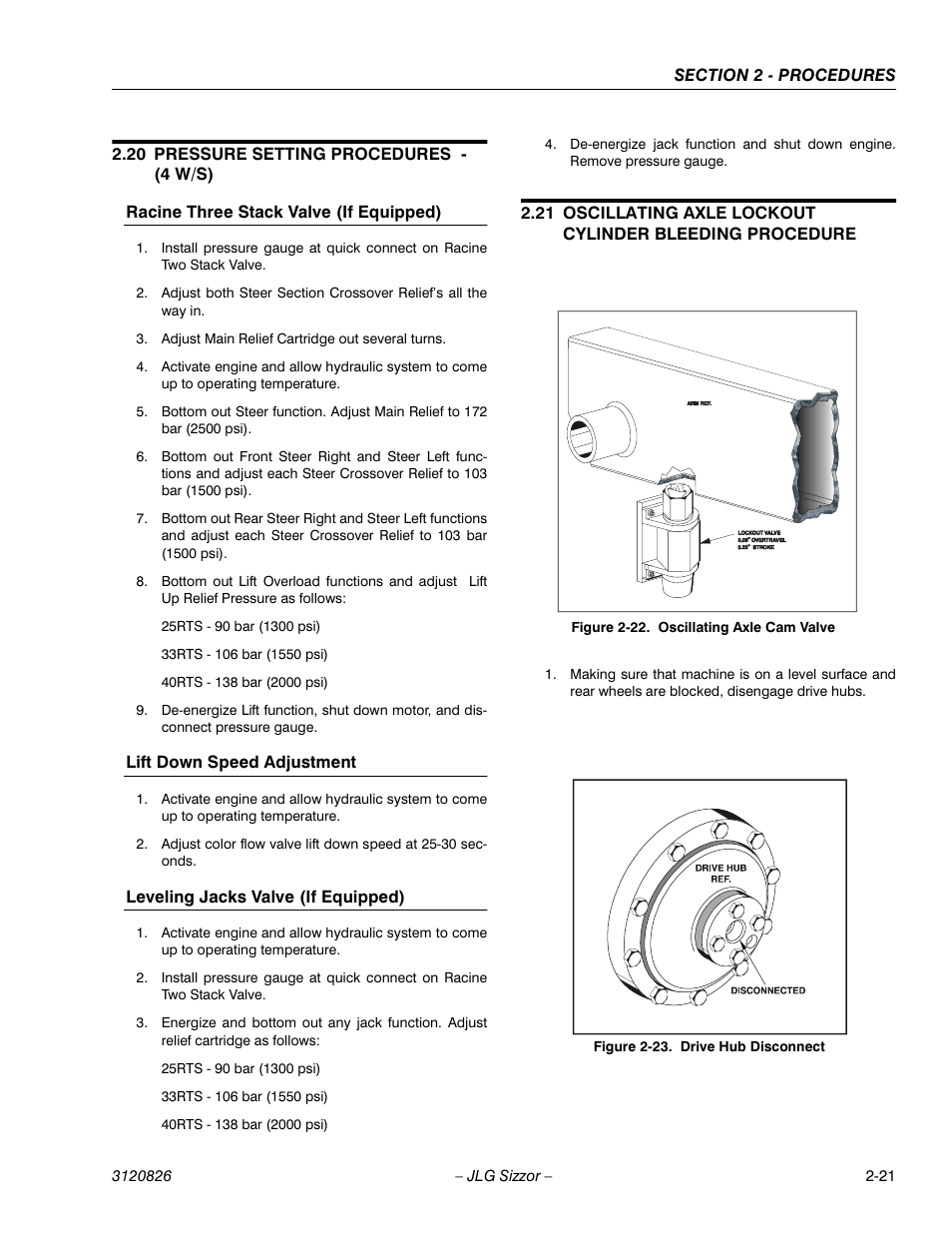 20 pressure setting procedures - (4 w/s), Racine three stack valve (if equipped), Lift down speed adjustment | Leveling jacks valve (if equipped), Pressure setting procedures - (4 w/s) -21 | JLG 40RTS Service Manual User Manual | Page 37 / 84