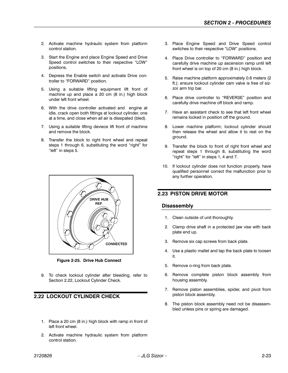 22 lockout cylinder check, 23 piston drive motor, Disassembly | Lockout cylinder check -23, Piston drive motor -23 | JLG 40RTS Service Manual User Manual | Page 39 / 84