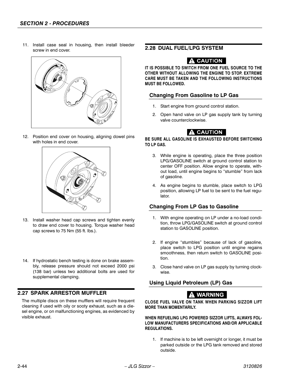 27 spark arrestor muffler, 28 dual fuel/lpg system, Changing from gasoline to lp gas | Changing from lp gas to gasoline, Using liquid petroleum (lp) gas, Spark arrestor muffler -44, Dual fuel/lpg system -44 | JLG 40RTS Service Manual User Manual | Page 60 / 84
