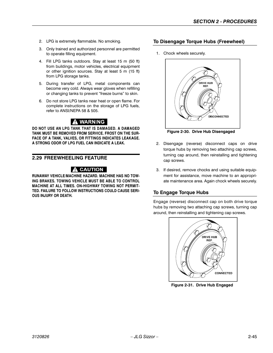 29 freewheeling feature, To disengage torque hubs (freewheel), To engage torque hubs | Freewheeling feature -45 | JLG 40RTS Service Manual User Manual | Page 61 / 84