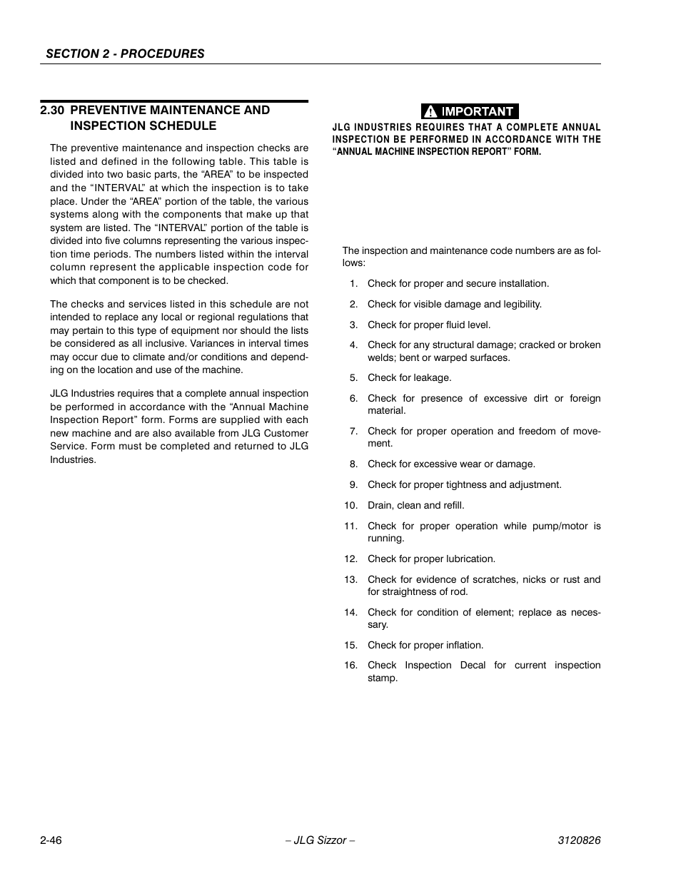 30 preventive maintenance and inspection schedule, Preventive maintenance and inspection schedule -46 | JLG 40RTS Service Manual User Manual | Page 62 / 84