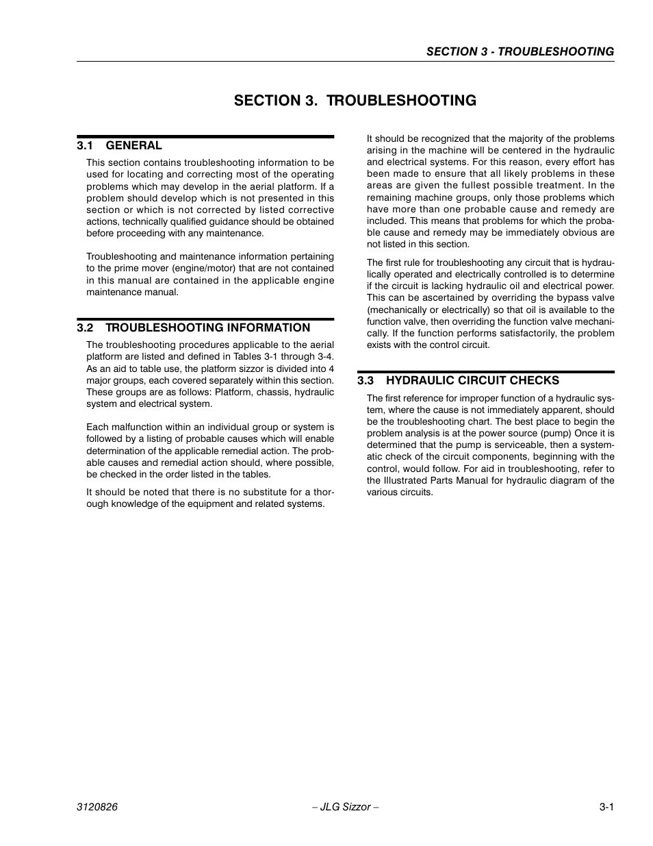 Section 3. troubleshooting, 1 general, 2 troubleshooting information | 3 hydraulic circuit checks, Section 3 - troubleshooting, General -1, Troubleshooting information -1, Hydraulic circuit checks -1 | JLG 40RTS Service Manual User Manual | Page 65 / 84