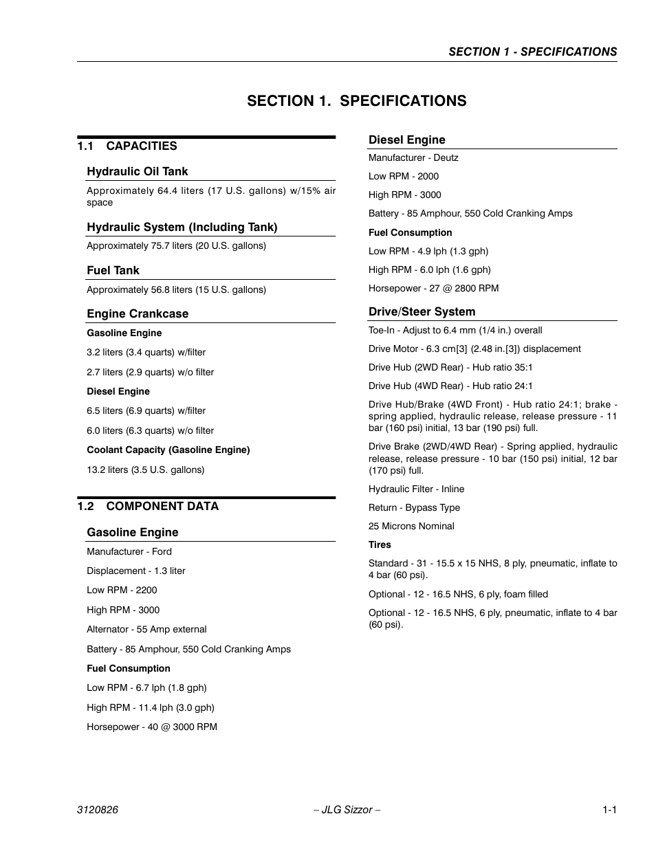 Section 1. specifications, 1 capacities, Hydraulic oil tank | Hydraulic system (including tank), Fuel tank, Engine crankcase, 2 component data, Gasoline engine, Diesel engine, Drive/steer system | JLG 40RTS Service Manual User Manual | Page 9 / 84