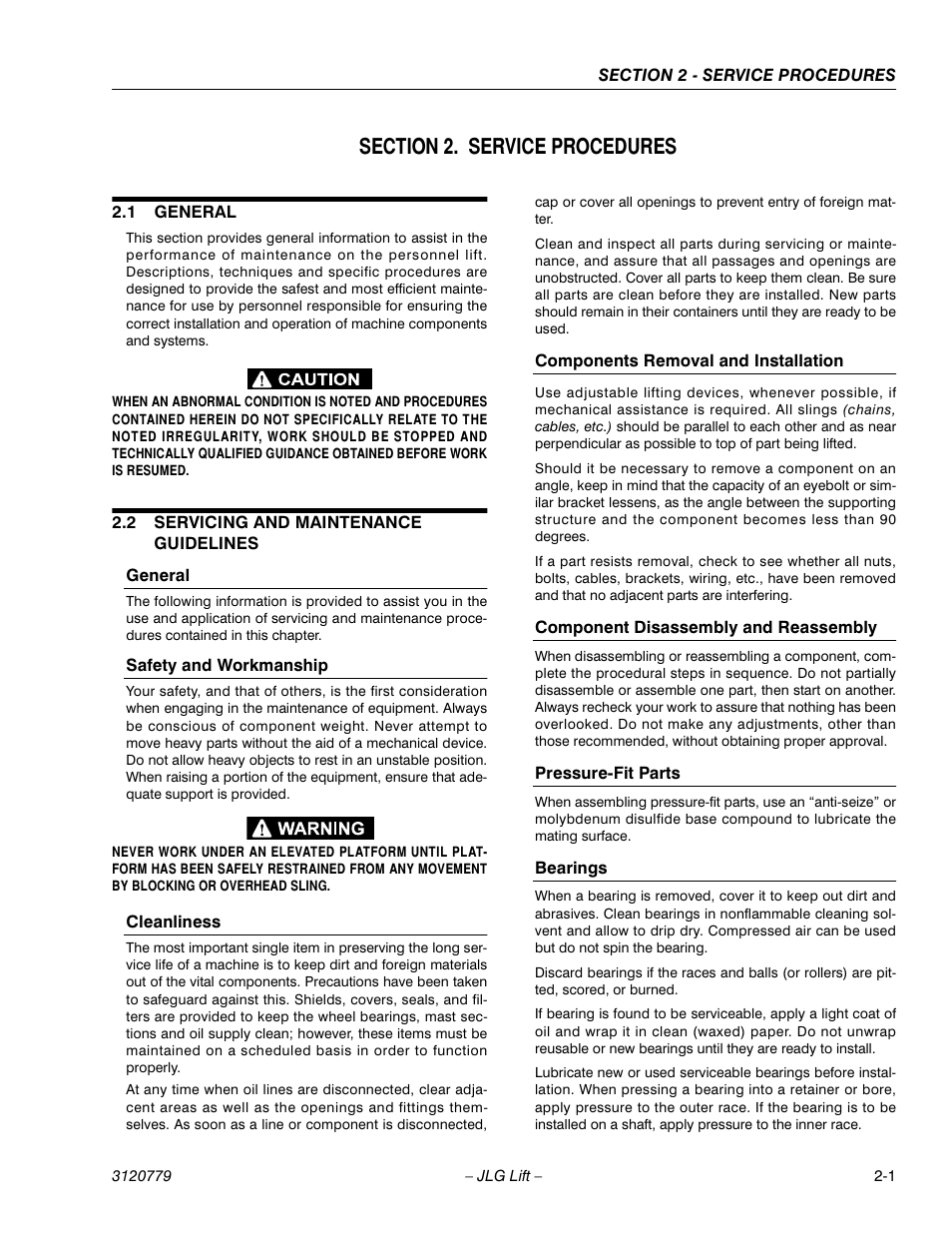 Section 2. service procedures, 1 general, 2 servicing and maintenance guidelines | General, Safety and workmanship, Cleanliness, Components removal and installation, Component disassembly and reassembly, Pressure-fit parts, Bearings | JLG 15ELI Service Manual User Manual | Page 17 / 50