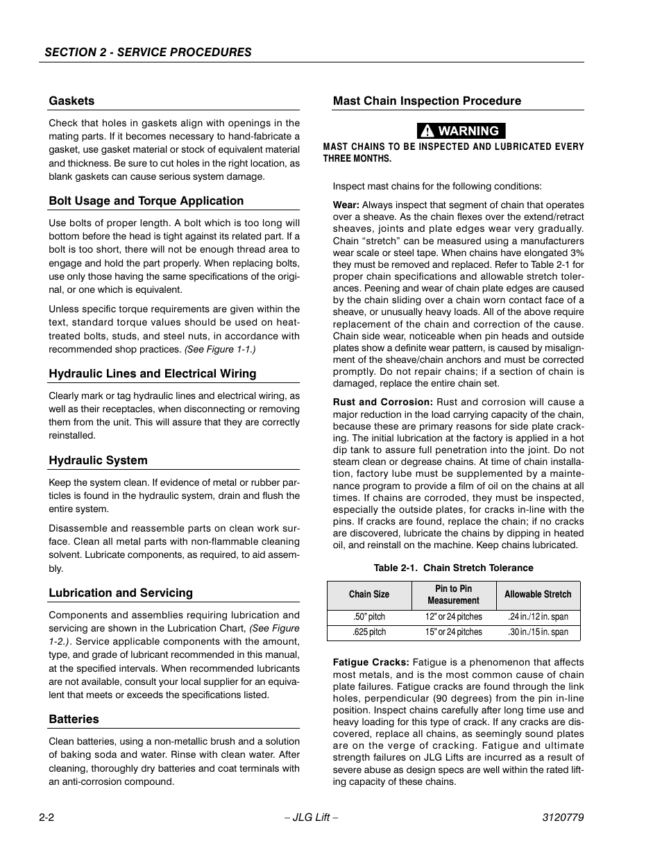 Gaskets, Bolt usage and torque application, Hydraulic lines and electrical wiring | Hydraulic system, Lubrication and servicing, Batteries, Mast chain inspection procedure | JLG 15ELI Service Manual User Manual | Page 18 / 50