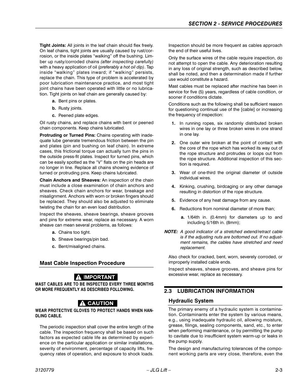 Mast cable inspection procedure, 3 lubrication information, Hydraulic system | Mast cable inspection procedure -3, Lubrication information -3, Hydraulic system -3 | JLG 15ELI Service Manual User Manual | Page 19 / 50