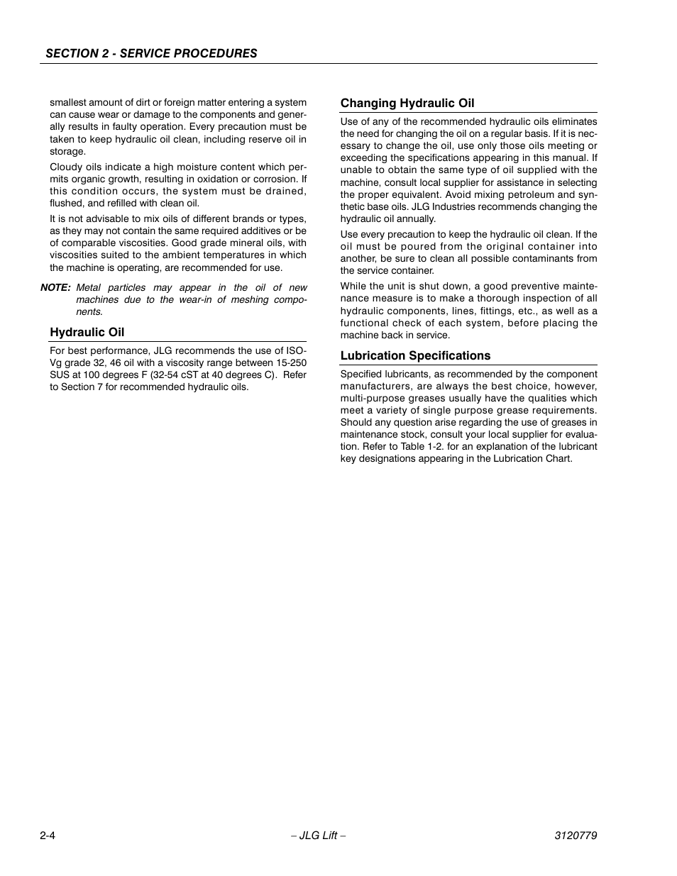 Hydraulic oil, Changing hydraulic oil, Lubrication specifications | JLG 15ELI Service Manual User Manual | Page 20 / 50