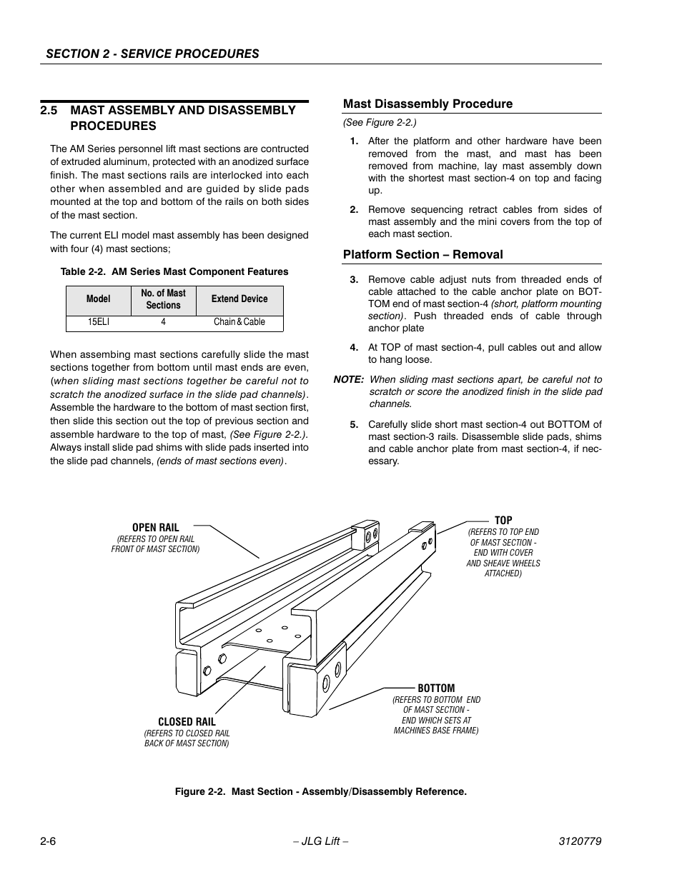 5 mast assembly and disassembly procedures, Mast disassembly procedure, Platform section - removal | Mast assembly and disassembly procedures -6 | JLG 15ELI Service Manual User Manual | Page 22 / 50
