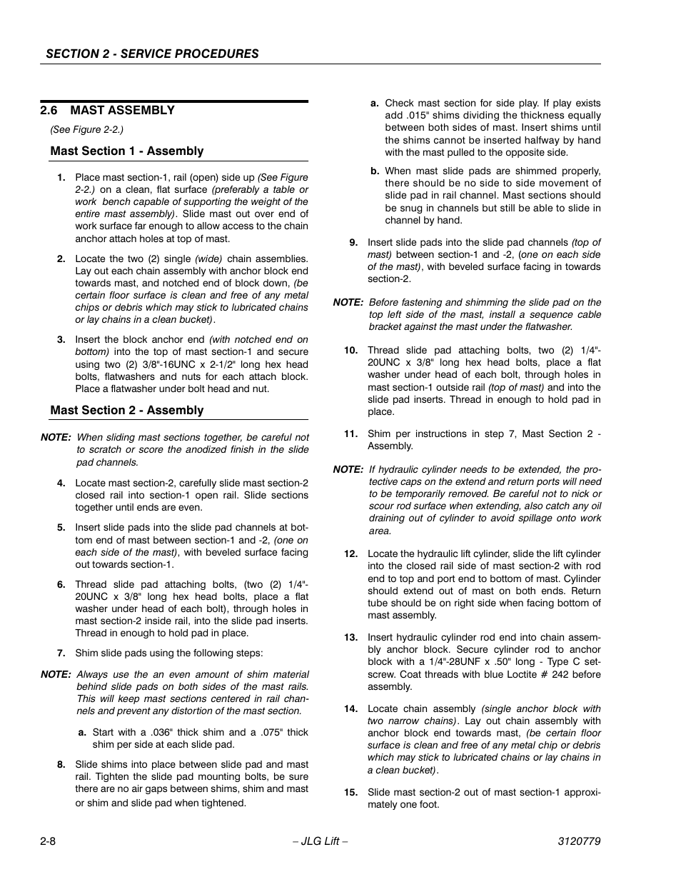 6 mast assembly, Mast section 1 - assembly, Mast section 2 - assembly | Mast assembly -8 | JLG 15ELI Service Manual User Manual | Page 24 / 50