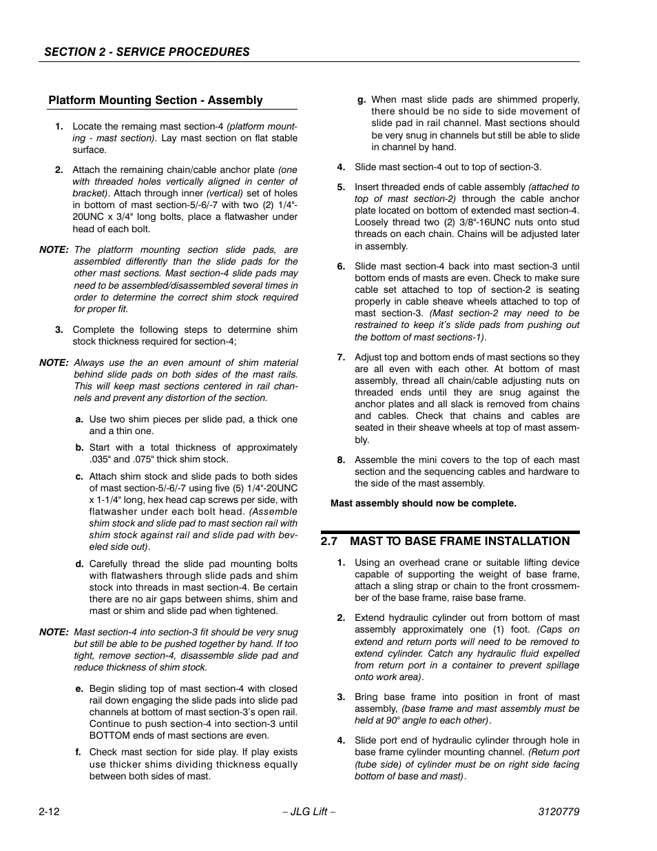 Platform mounting section - assembly, 7 mast to base frame installation, Platform mounting section - assembly -12 | Mast to base frame installation -12 | JLG 15ELI Service Manual User Manual | Page 28 / 50