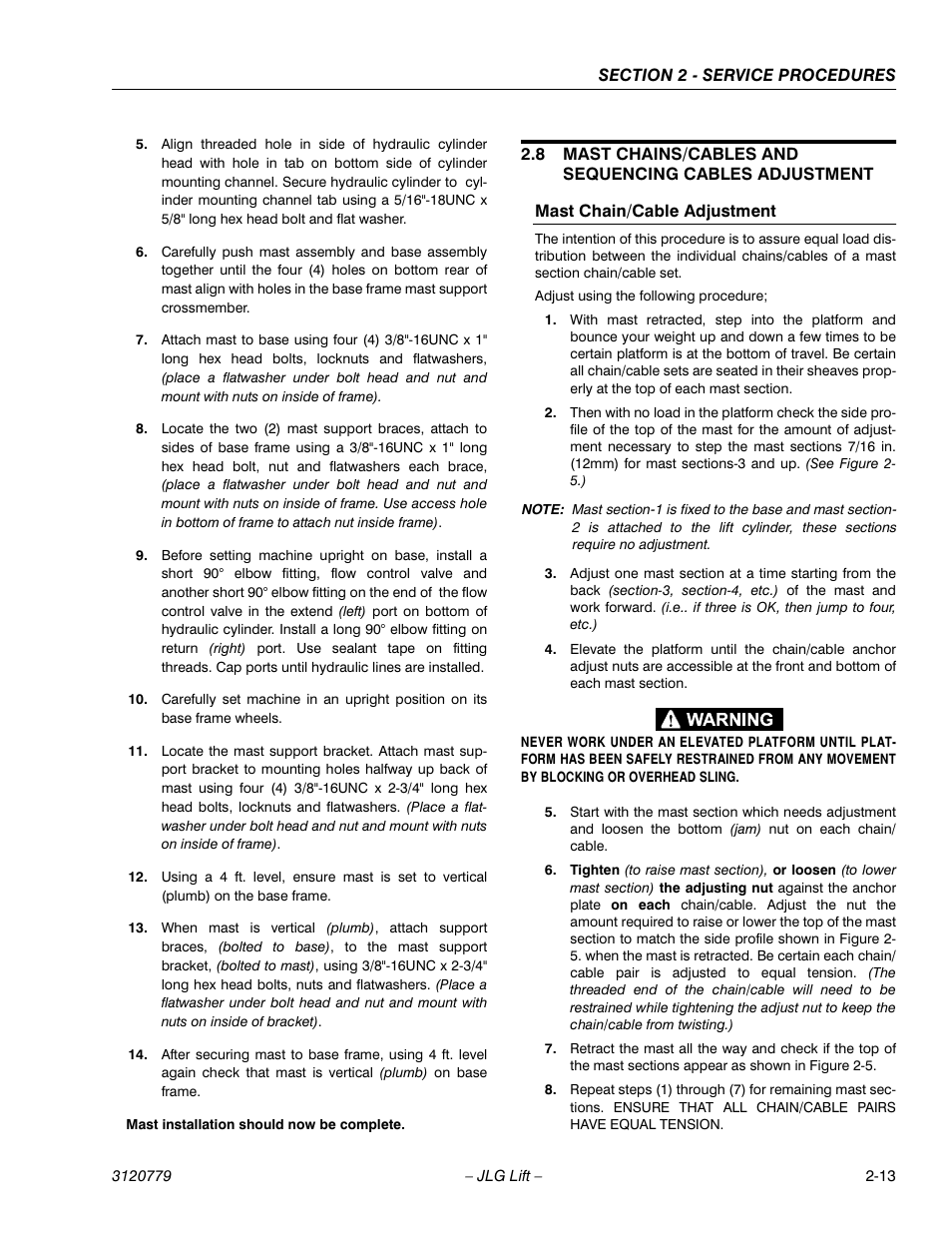 Mast chain/cable adjustment, Mast chain/cable adjustment -13 | JLG 15ELI Service Manual User Manual | Page 29 / 50