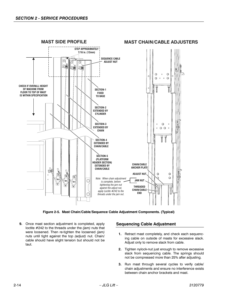 Sequencing cable adjustment, Sequencing cable adjustment -14, Mast side profile mast chain/cable adjusters | JLG 15ELI Service Manual User Manual | Page 30 / 50