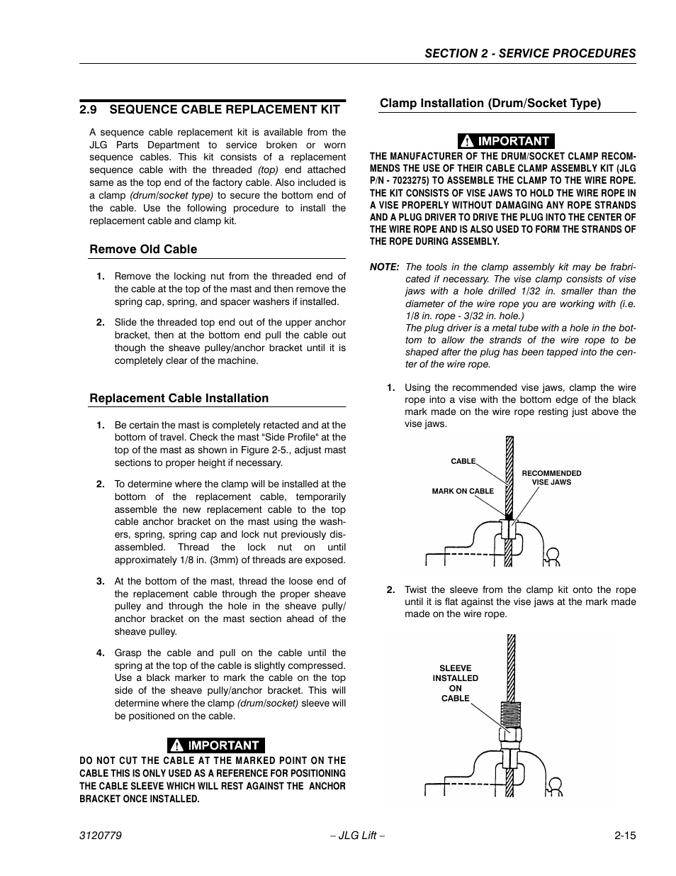 9 sequence cable replacement kit, Remove old cable, Replacement cable installation | Clamp installation (drum/socket type), Sequence cable replacement kit -15 | JLG 15ELI Service Manual User Manual | Page 31 / 50