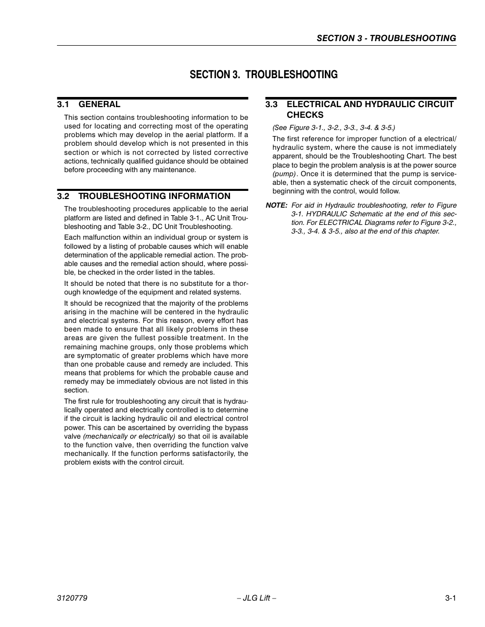 Section 3. troubleshooting, 1 general, 2 troubleshooting information | 3 electrical and hydraulic circuit checks, Section 3 - troubleshooting, General -1, Troubleshooting information -1, Electrical and hydraulic circuit checks -1 | JLG 15ELI Service Manual User Manual | Page 35 / 50